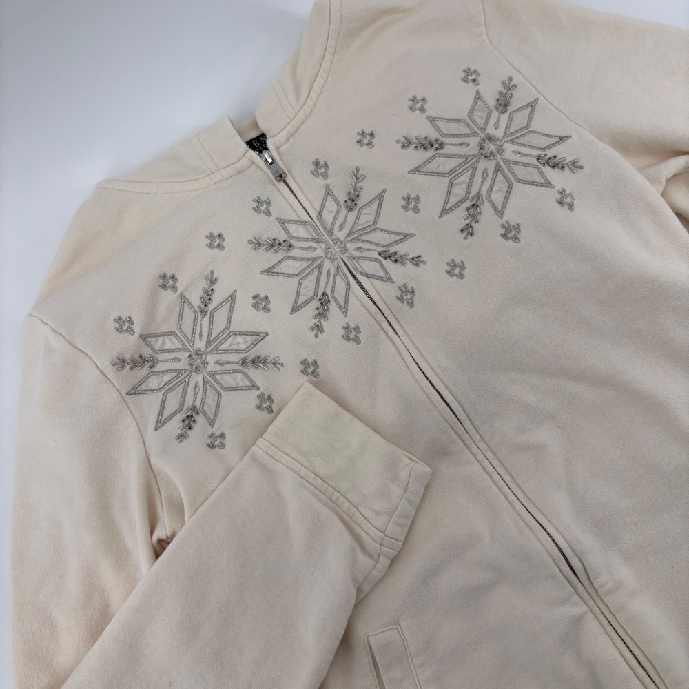 Lauren Ralph Lauren Womens Zip Up Hoodie Jacket Beige Cream Snowflake M/M Medium